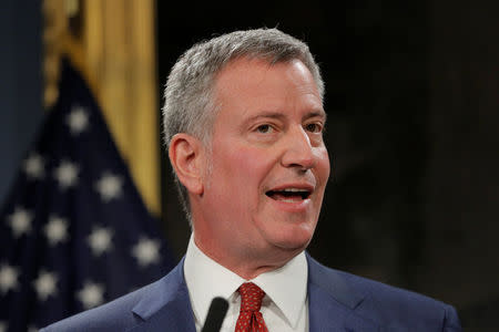 New York City Mayor Bill de Blasio speaks regarding the U.S. President Donald Trump's federal budget proposal at the City Hall in New York, U.S., March 16, 2017. REUTERS/Lucas Jackson