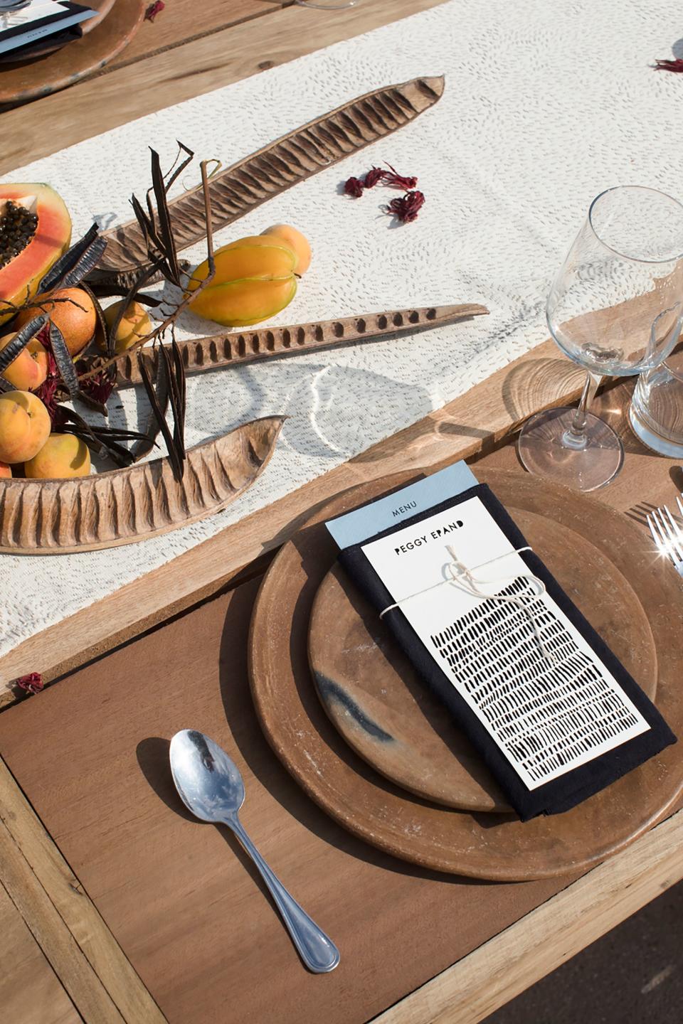 Place settings by Fox Fodder Farm. Textiles by Caroline Z Hurley. Laser-cut place cards and printed menus designed by Caroline Z Hurley. All ceramics created by local Oaxacan artisans.