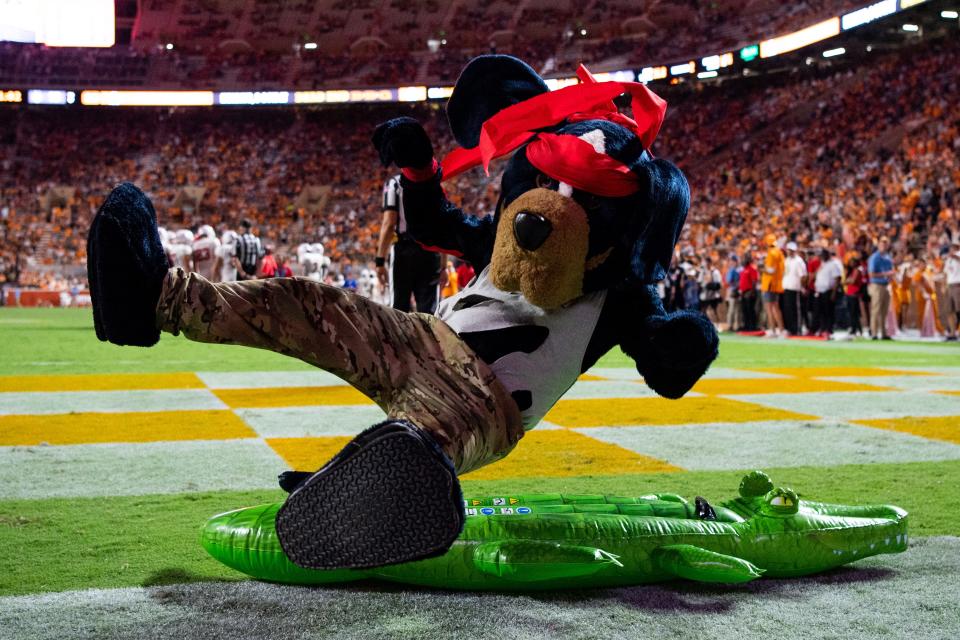 Smokey gets a little ahead of himself during Tennessee football's home opener against Auston Peay on Sept. 9, slamming an inflatable gator one week before the Vols take on Florida. Tennessee, which struggled to compete against Autin Peay, will head to The Swamp on Sept. 16 for its first SEC game of the season.