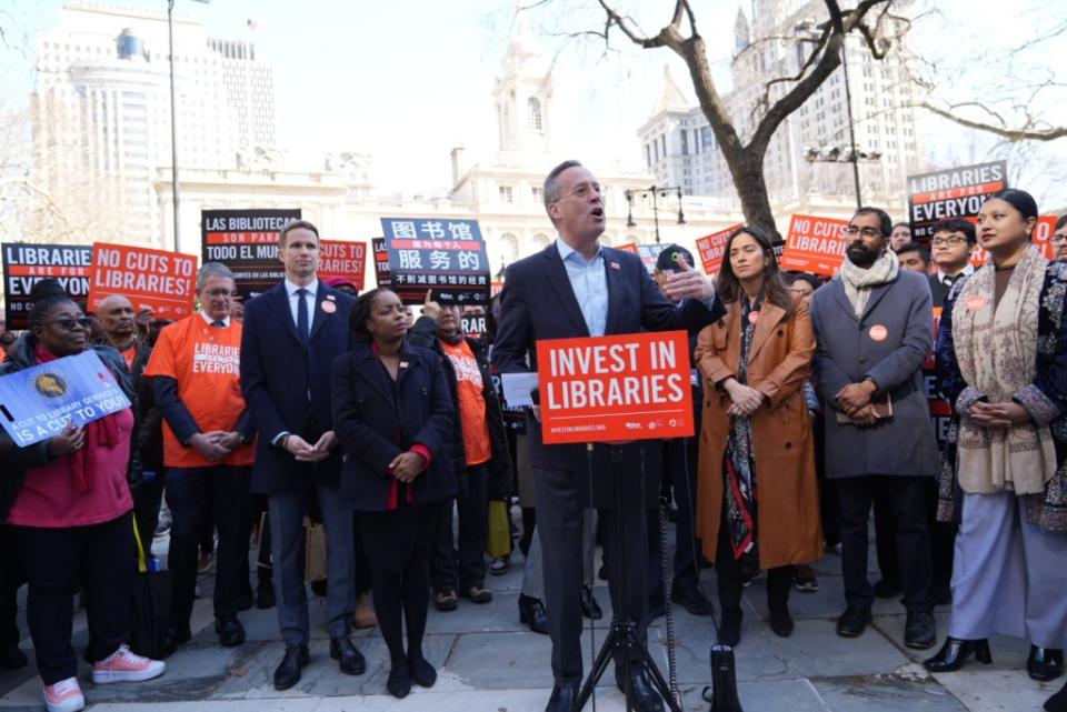 New York Public Library head Tony Marx addresses a protest outside City Hall over Mayor Adams’ planned budget cuts. New York Public Library