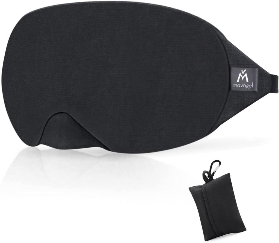 A black Amazon sleep mask and its pouch.