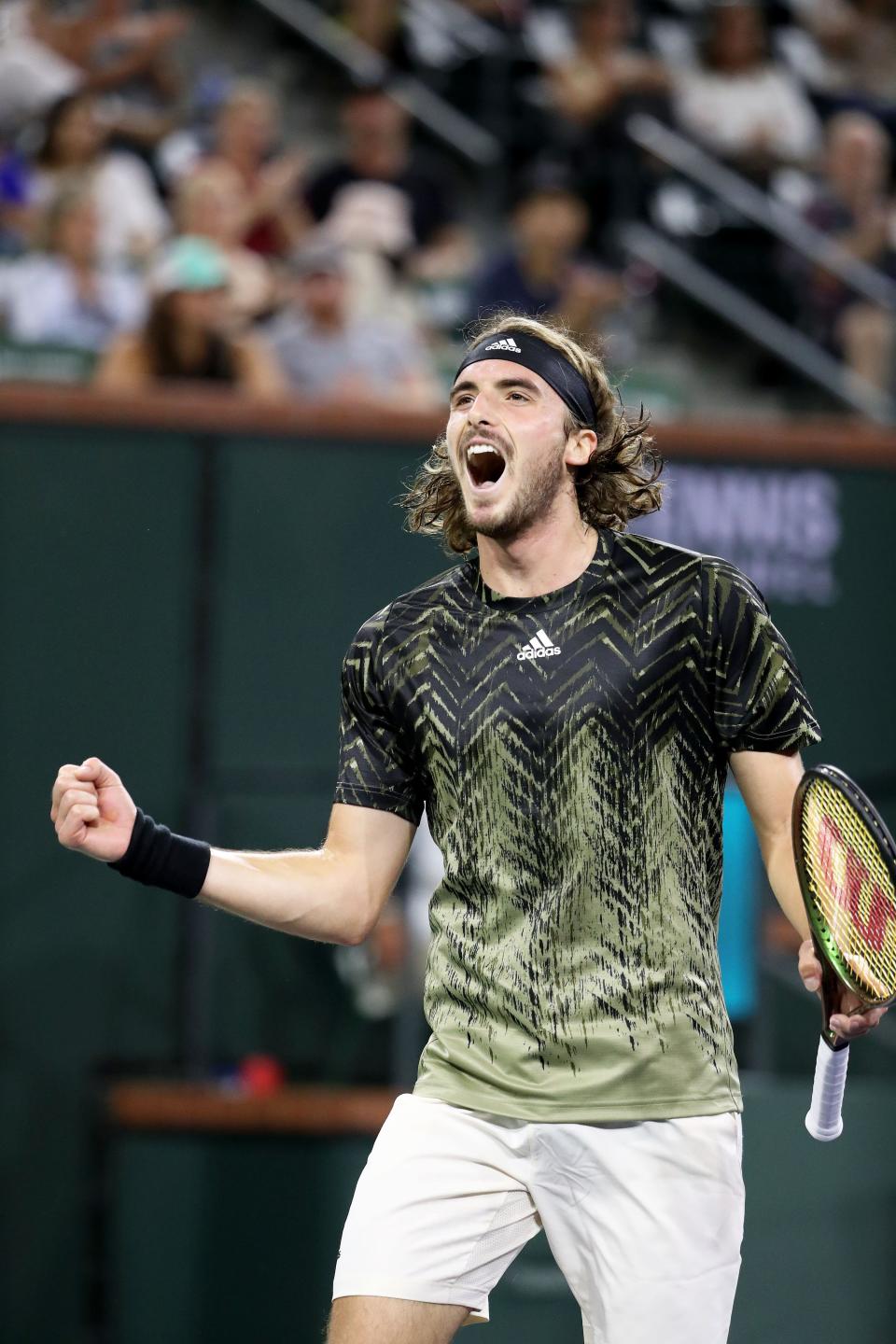Stefanos Tsitsipas of Greece reacts during his win against Pedro Martinez of Spain at the BNP Paribas Open in Indian Wells, Calif., on October 10, 2021. 