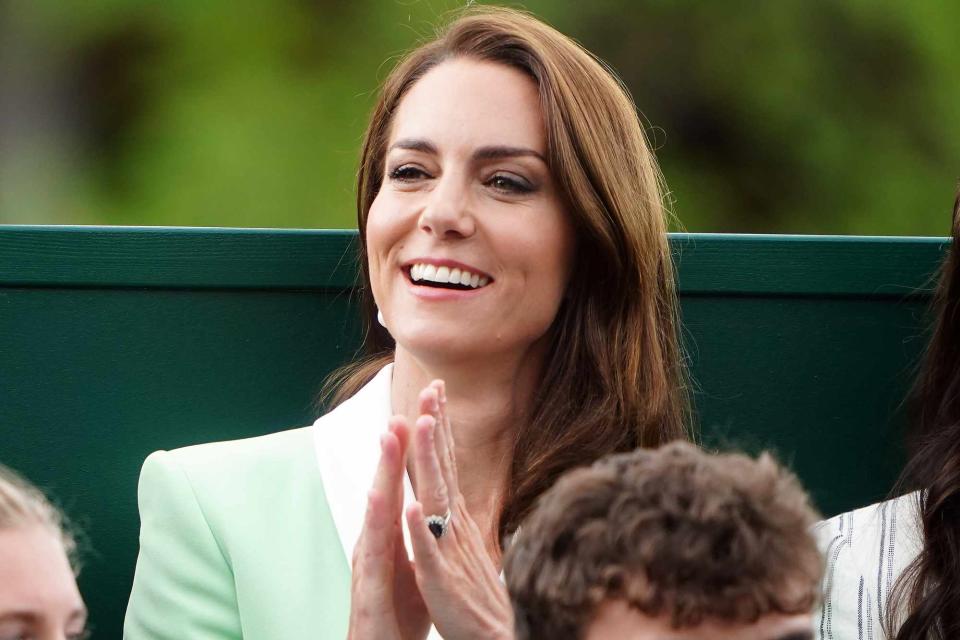 <p>Zac Goodwin - Pool/Getty</p> Kate Middleton attends the Wimbledon Tennis Championships on July 4.