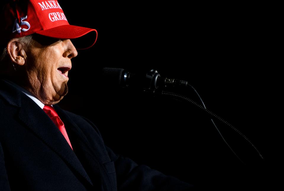 Former U.S. President Donald Trump speaks during a campaign event at Sioux Gateway Airport on November 3, 2022 in Sioux City, Iowa.