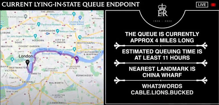 El monitoreo en vivo de la fila para despedir a la reina que el gobierno británico habilitó en You Tube.