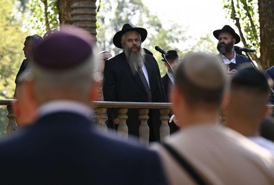 PHOTO: Chief Rabbi of Ukraine Moshe Reuven Azman speaks during the memorial ceremony marking the 82nd anniversary of the Babyn Yar of mass shootings of civilians, mainly Jews, in Kyiv, on Sept. 29, 2023. (Genya Savilov/AFP via Getty Images)