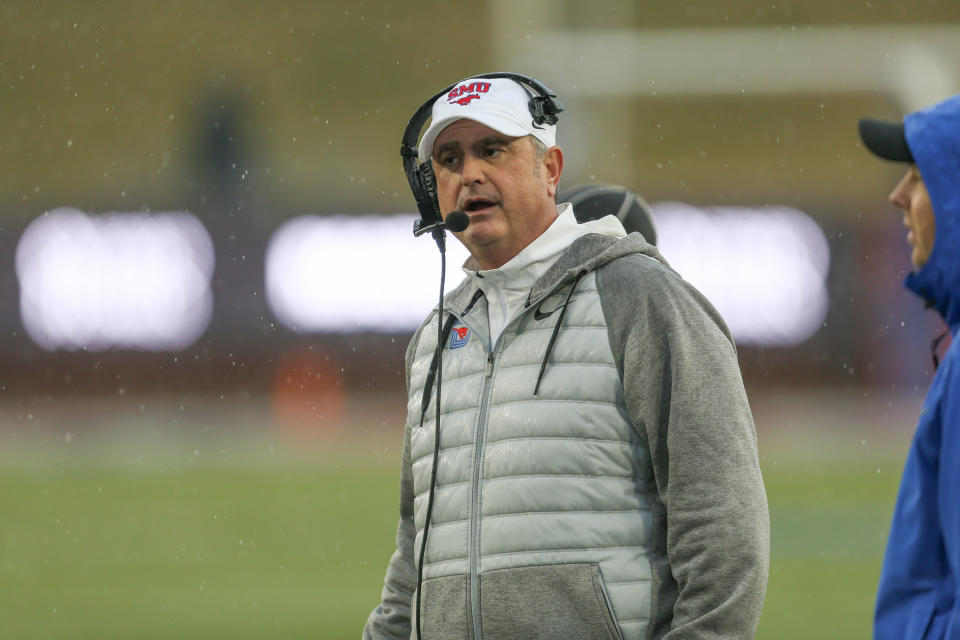 DALLAS, TX - NOVEMBER 27: Southern Methodist Mustangs head coach Sonny Dykes looks on during the game between SMU and Tulsa on November 27, 2021 at Gerald J. Ford Stadium in Dallas, TX. (Photo by George Walker/Icon Sportswire via Getty Images)