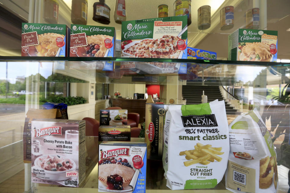 A selection of products made by ConAgra Foods is on display at ConAgra world headquarters in Omaha, Neb., Tuesday, June 30, 2015. ConAgra Foods Inc. plans to sell its faltering business that makes store-brand packaged food just two years after spending $5 billion to beef it up by buying the private-label food maker Ralcorp. (AP Photo/Nati Harnik)