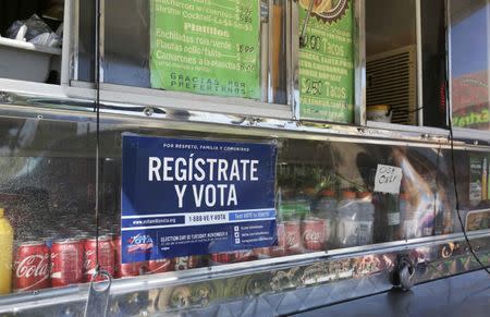 A voter registration sign is seen on a taco truck, as part of the U.S. Hispanic Chamber of Commerce's "Guac the Vote" campaign, in Houston, Texas, U.S. September 29, 2016. REUTERS/Trish Badger