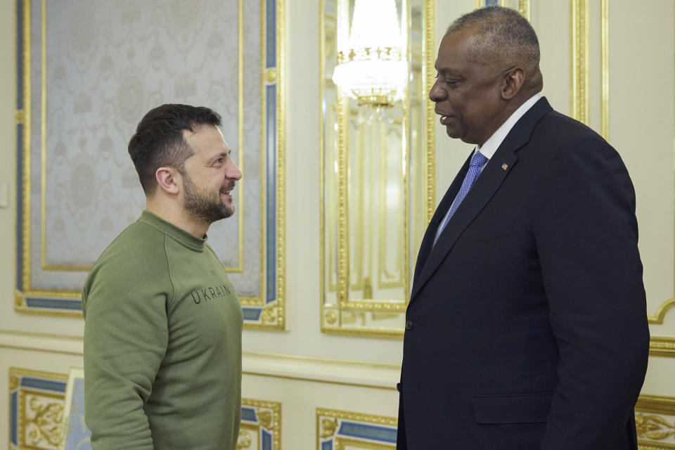 In this photo provided by the Ukrainian Presidential Press Office, Ukrainian President Volodymyr Zelenskyy, left, and U.S. Secretary of Defense Lloyd Austin talk during their meeting in Kyiv, Ukraine, Monday, Nov. 20, 2023. (Ukrainian Presidential Press Office via AP)