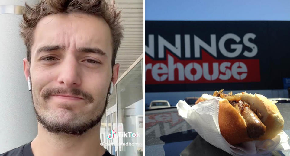 A photo of Zac Andre, a concerned Bunnings customer. A photo of a snag at the Belmont store in WA.