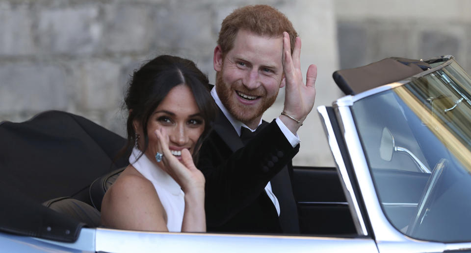 Prince Harry and Meghan, pictured on their wedding day leaving Windsor Castle. Source: AP