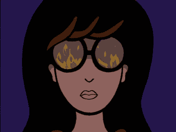 Daria looking straightforward with fire flames going in the lens of her glasses
