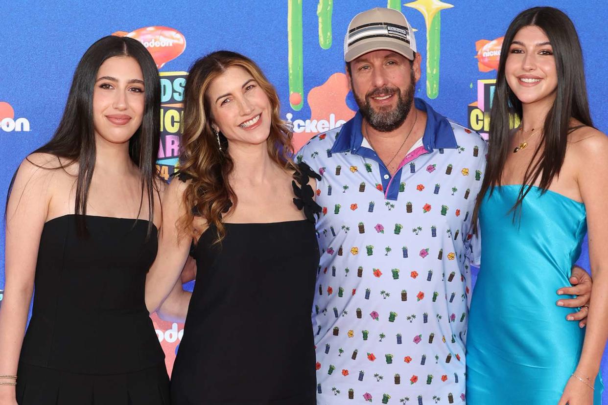 <p>Monica Schipper/Getty</p> From left: Sadie Sandler, Jackie Sandler, Adam Sandler and Sunny Sandler attend the 2024 Nickelodeon Kids