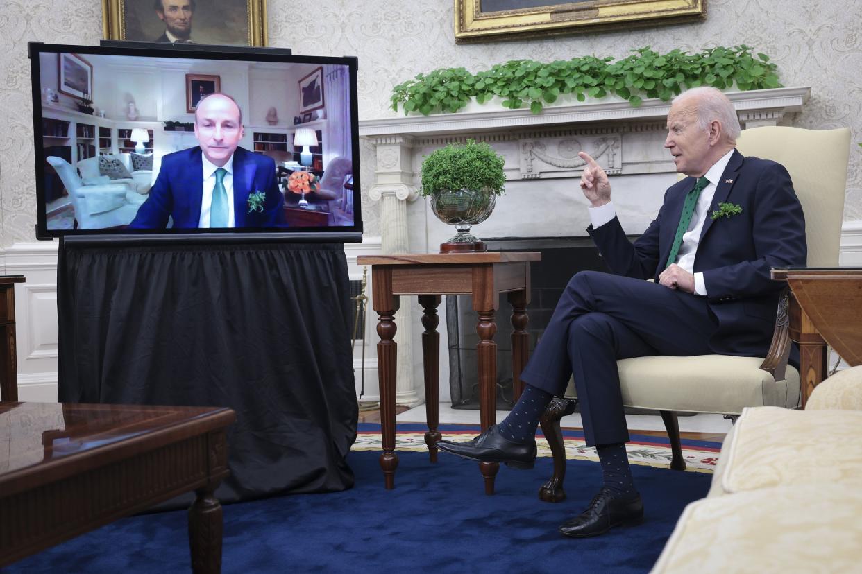 President Joe Biden meets virtually with Irish Prime Minister Micheál Martin in the Oval Office of the White House on March 17, 2022, in Washington, DC. St. Patrick's Day events with Prime Minister Martin are being held virtually after it was announced last night that he had tested positive for COVID-19.