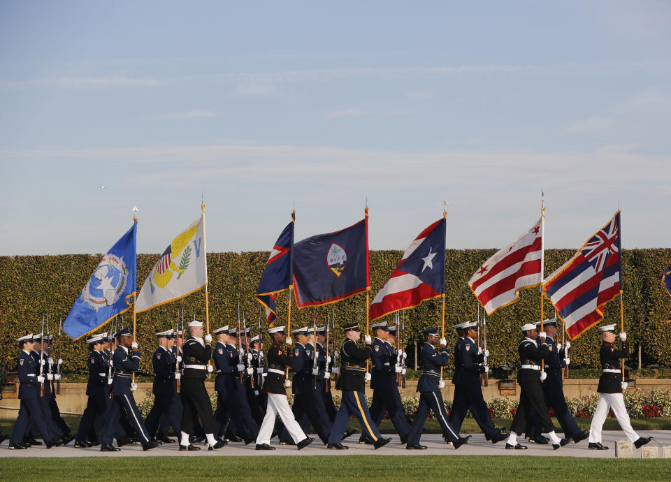 Members of the Honor Guard parade on the grounds of the Pentagon as Defense Secretary Jim Mattis and South Korea Minister of Defense Jeong Kyeong-doo co-host the 2018 Security Consultative, Wednesday, Oct. 31, 2018. (AP Photo/Pablo Martinez Monsivais)