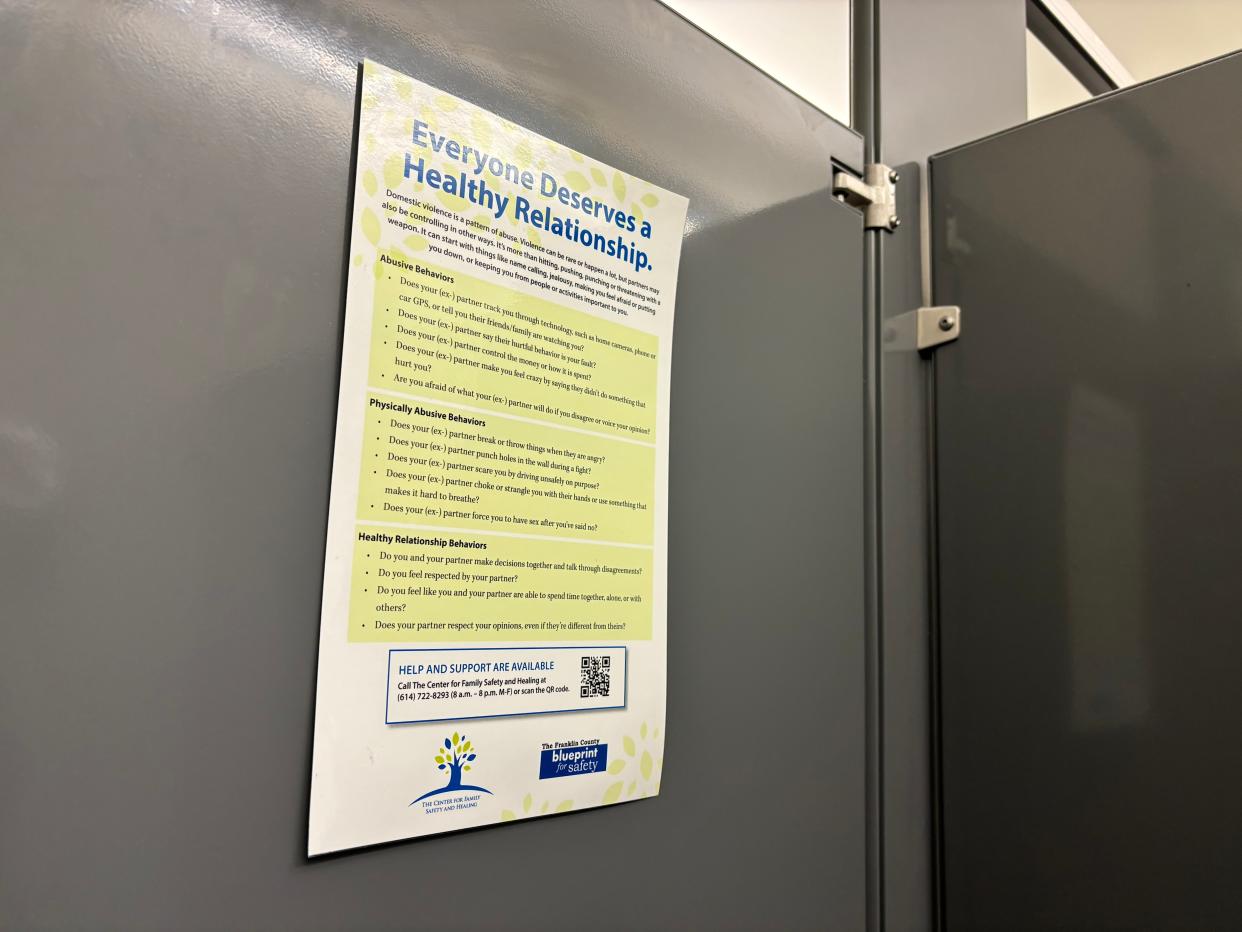 Inside every public bathroom stall in the Franklin County Common Pleas Court in Columbus is information on signs of domestic abuse and contact information for the Center for Family Safety and Healing.