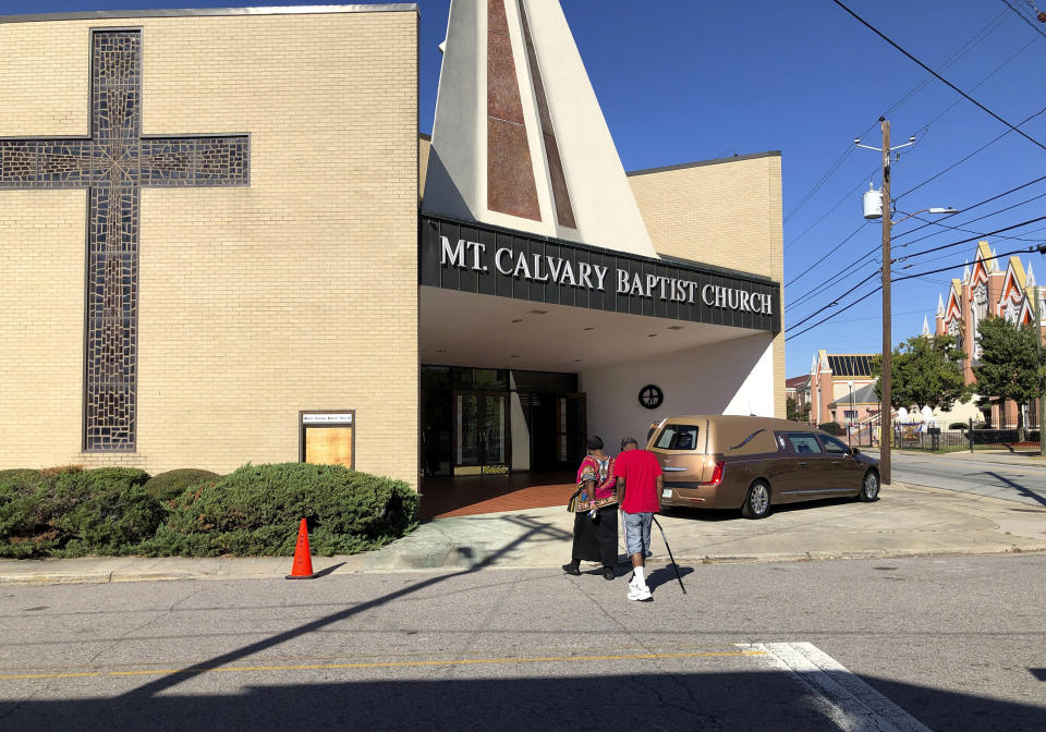 Mourners walk into the visitation for international opera star Jessye Norman at Mt. Calvary Baptist Church in Augusta, Ga., on Friday, Oct. 11, 2019. Norman died on Sept. 30 at age 74. Norman’s passionate soprano voice won her four Grammy Awards, the National Medal of Arts and the Kennedy Center Honor. (AP Photo/Jeffrey Collins)