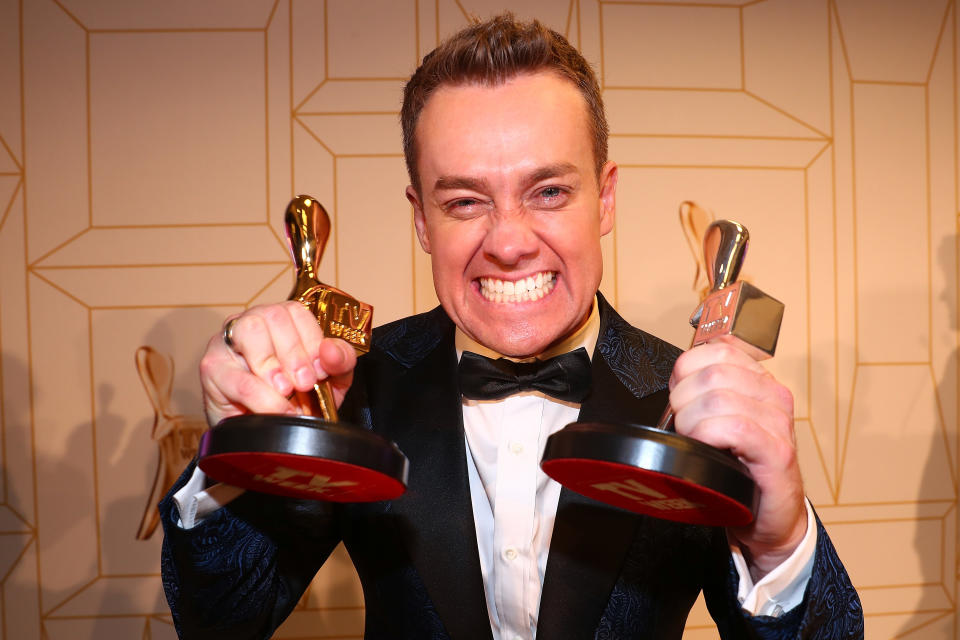 Grant Denyer celebrates winning the Gold Logie at the 60th Annual Logie Awards at The Star Gold Coast on July 1, 2018 in Gold Coast, Australia