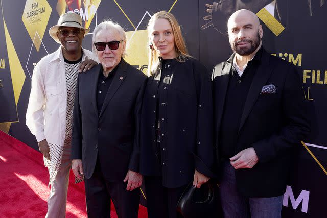 <p>Presley Ann/Getty Images for TCM</p> Samuel L. Jackson, Harvey Keitel, Uma Thurman, and John Travolta attend the TCM Film Festival screening of 'Pulp Fiction'
