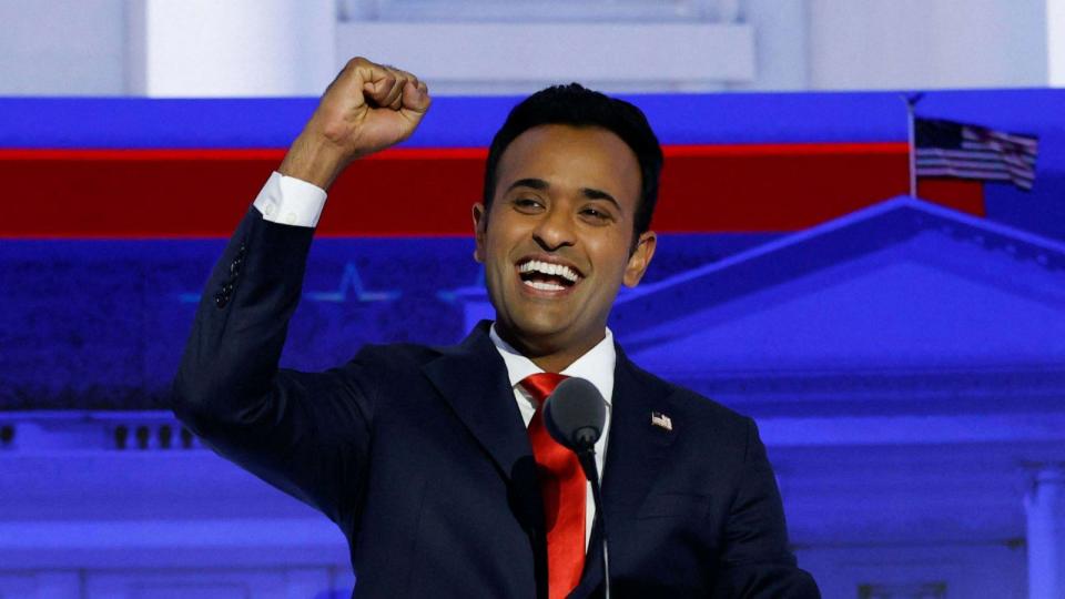 PHOTO: Entrepreneur and author Vivek Ramaswamy gestures as he arrives to take part in the first Republican Presidential primary debate at the Fiserv Forum in Milwaukee, Wisconsin, on Aug. 23, 2023. (Kamil Krzaczynski/AFP via Getty Images)