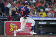 Houston Astros' Jeremy Pena drives in Chas McCormick with an RBI single during the seventh inning of a baseball game against the Tampa Bay Rays, Sunday, Oct. 2, 2022, in Houston. (AP Photo/Kevin M. Cox)