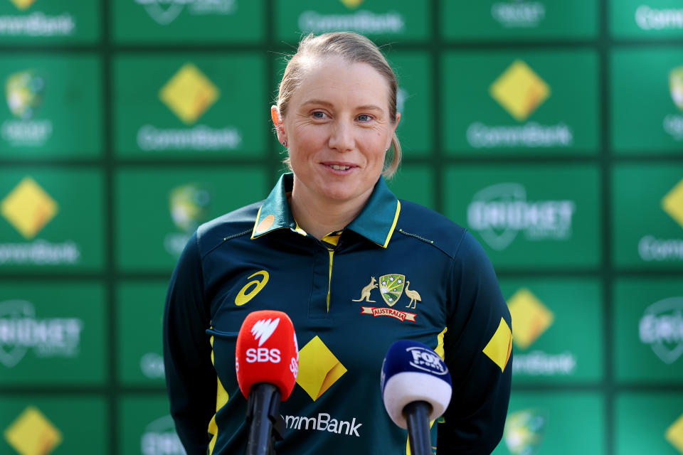 SYDNEY, AUSTRALIA - AUGUST 26: Alyssa Healy speaks to the media during the Cricket Australia Women's Team World Cup Squad Announcement at Fox Studios on August 26, 2024 in Sydney, Australia. (Photo by Brendon Thorne/Getty Images for Cricket Australia)