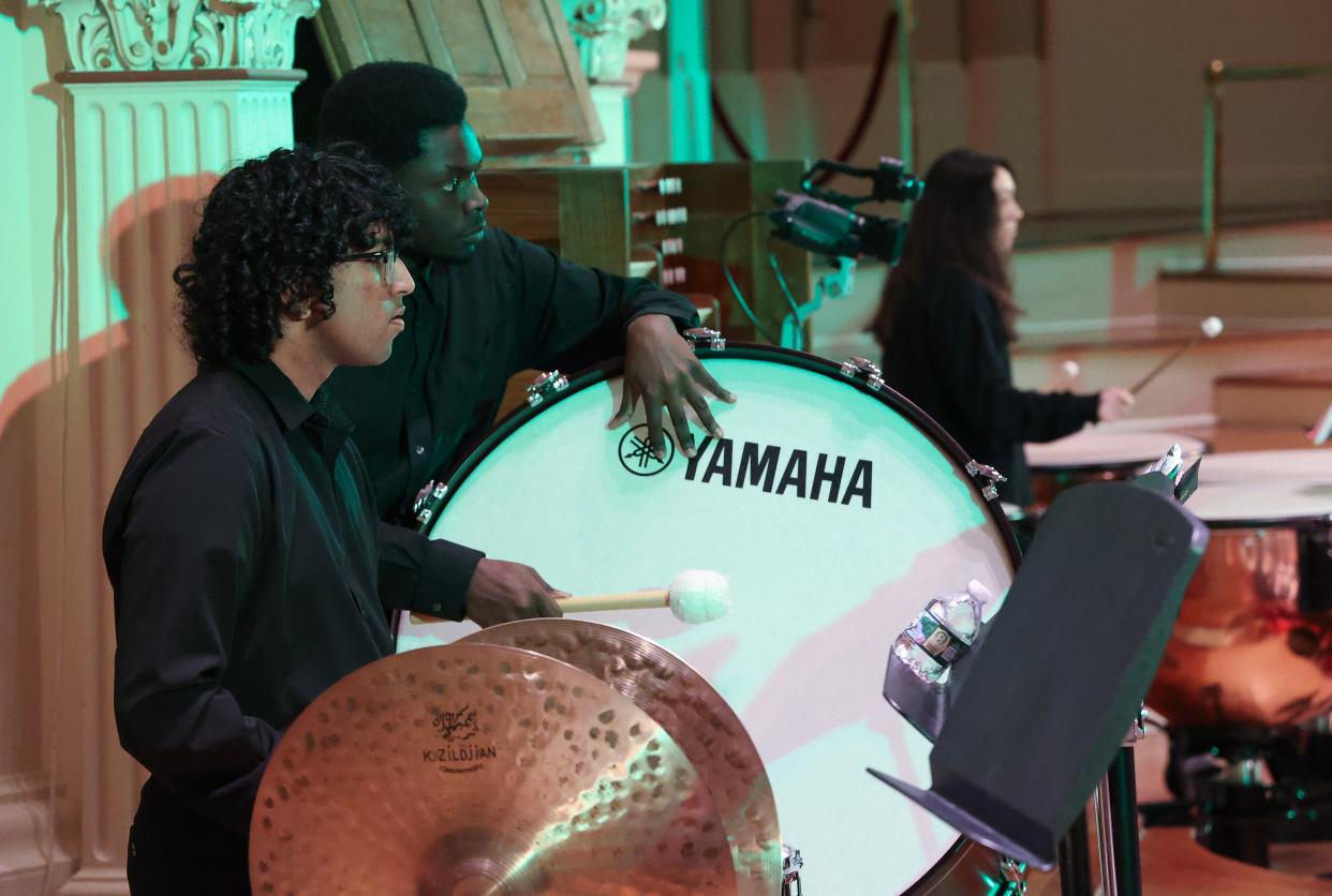 Rishi Ramesh and Israel Saforo play percussion March 29 at Mechanics Hall.