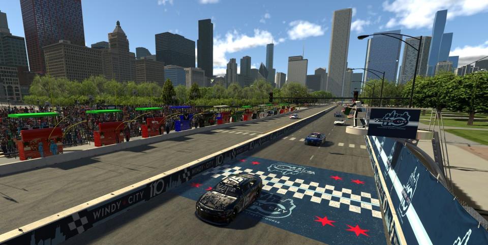 chicago, illinois june 02 editorial use only editors note this image was computer generated in game james davison, driver of the 15 chevrolet races during the enascar iracing pro invitational series race at virtual chicago street course on june 02, 2021 in chicago, illinois photo by chris graythengetty images