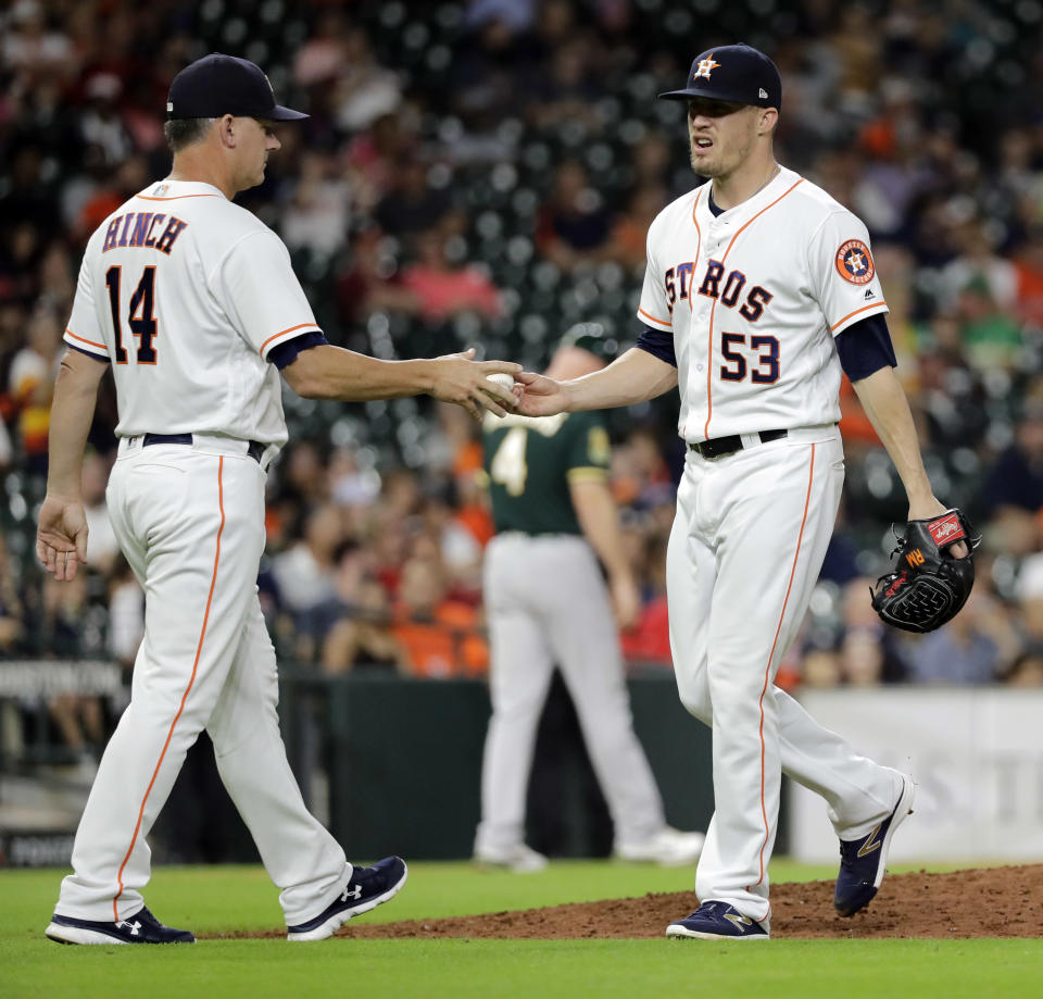 Ken Giles may have cursed at manager A.J. Hinch after getting pulled from Tuesday’s game. (AP Photo)