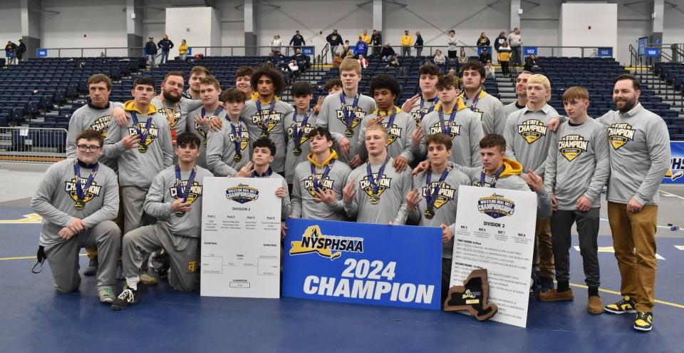 Tioga Central captured its third straight Division II team title at the New York State Public High School Athletic Association Wrestling Dual Meet Championships with a 56-12 win over John Glenn on Jan. 27, 2024 at Onondaga Community College in Syracuse.