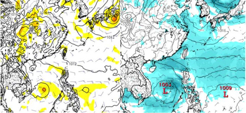 最新(17日20時)歐洲(ECMWF)模式，模擬今（18日）20時地面圖顯示，南海有「熱帶擾動」發展。（左）；最新(17日20)時美國(GFS)模式，模擬下周四（23日）20時地面圖顯示，南海另有「熱帶擾動」發展。（右）（圖／翻攝自三立準氣象‧老大洩天機專欄）