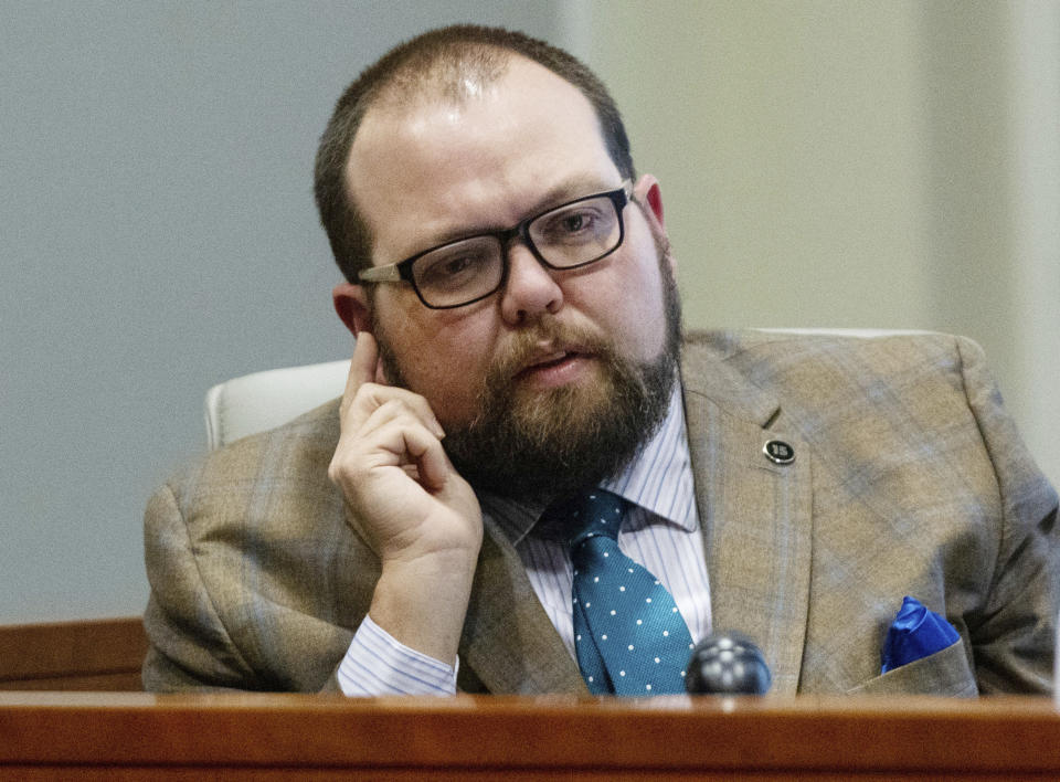 Andy Yates, a political consultant and founder of Red Dome Group, delivers testimony during the third day of a public evidentiary hearing on the 9th Congressional District voting irregularities investigation Wednesday, Feb. 20, 2019, at the North Carolina State Bar in Raleigh, N.C. (Travis Long/The News & Observer via AP, Pool)