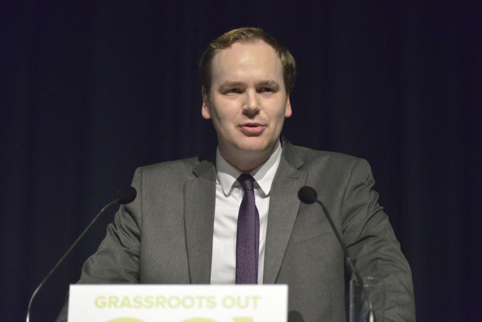 William Wragg MP, member of the United Kingdom Parliament for Hazel Grove, speaking at the Grassroots Out campaign event in Manchester, Greater Manchester, England, United Kingdom on Friday 5th February 2016. The Grassroots Out campaign seeks to take the United Kingdom out of the European Union. (Photo by Jonathan Nicholson/NurPhoto) *** Please Use Credit from Credit Field ***