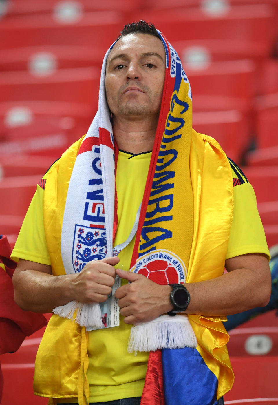 <p>A Colombia fan looks dejected following his sides defeat in the 2018 FIFA World Cup Russia Round of 16 match between Colombia and England at Spartak Stadium on July 3, 2018 in Moscow, Russia. (Photo by Matthias Hangst/Getty Images) </p>