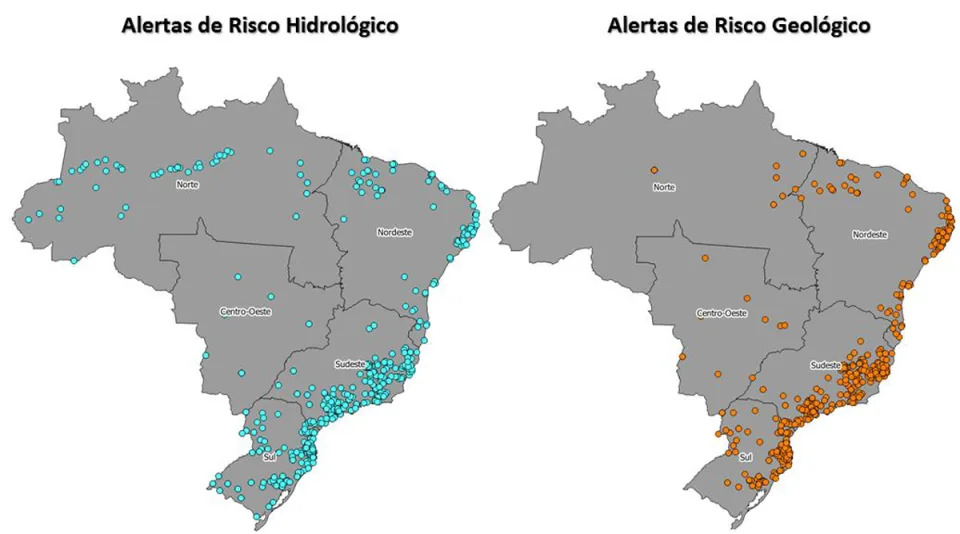 Mapa do Cemaden (Centro Nacional de Monitoramento e Alertas de Desastres Naturais) mostra que, com exceção da região norte, os alertas de desastres geológicos, como deslizamentos, estão intimamente ligados a desastres hidrológicos, como as enchentes e inundações