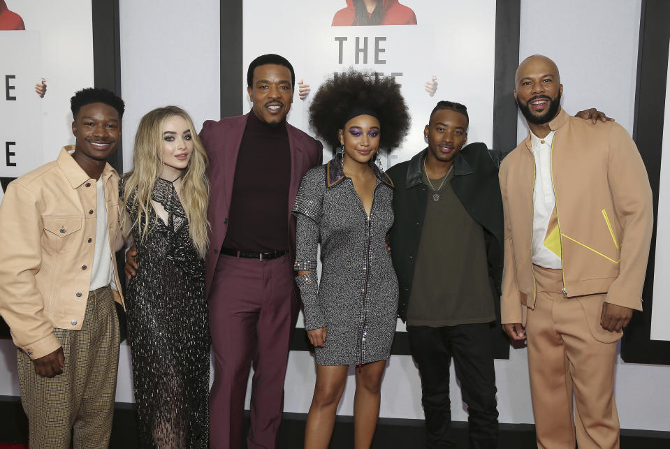 Actors Lamar Johnson, Sabrina Carpenter, Russell Hornsby, Amandla Stenberg, Algree Smith and Common, from left, attend a screening of "The Hate U Give" at The Paris Theater on Thursday, Oct. 4, 2018, in New York. (Photo by Donald Traill/Invision/AP)