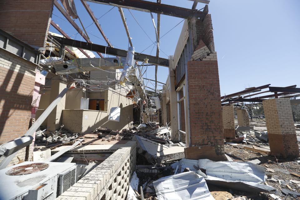 A likely tornado caused significant damage to Wynne High School in Wynne, Arkansas, on March 31, 2023. Windows were busted and classrooms were rearranged by the wind.