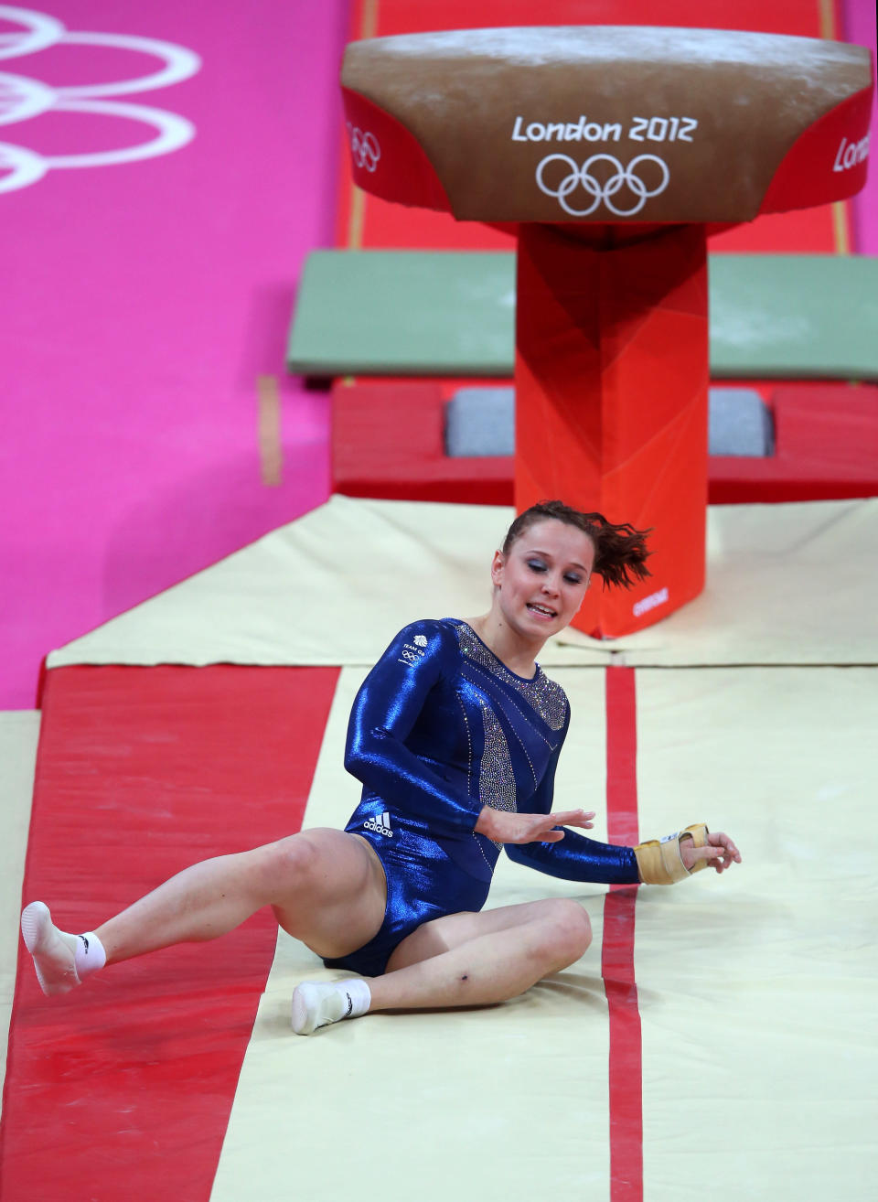 Hannah Whelan of Great Britain falls on her landing on the vault in the Artistic Gymnastics Women's Individual All-Around final on Day 6 of the London 2012 Olympic Games at North Greenwich Arena on August 2, 2012 in London, England. (Photo by Julian Finney/Getty Images)