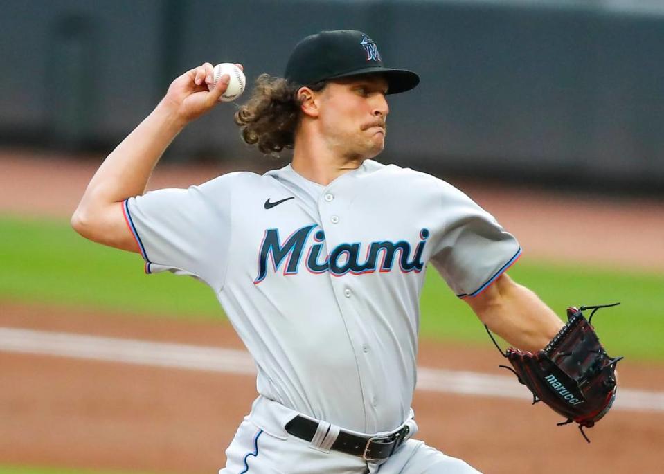 Nick Neidert #29 of the Miami Marlins delivers a pitch in the first inning against the Atlanta Braves at Truist Park on April 14, 2021 in Atlanta, Georgia.