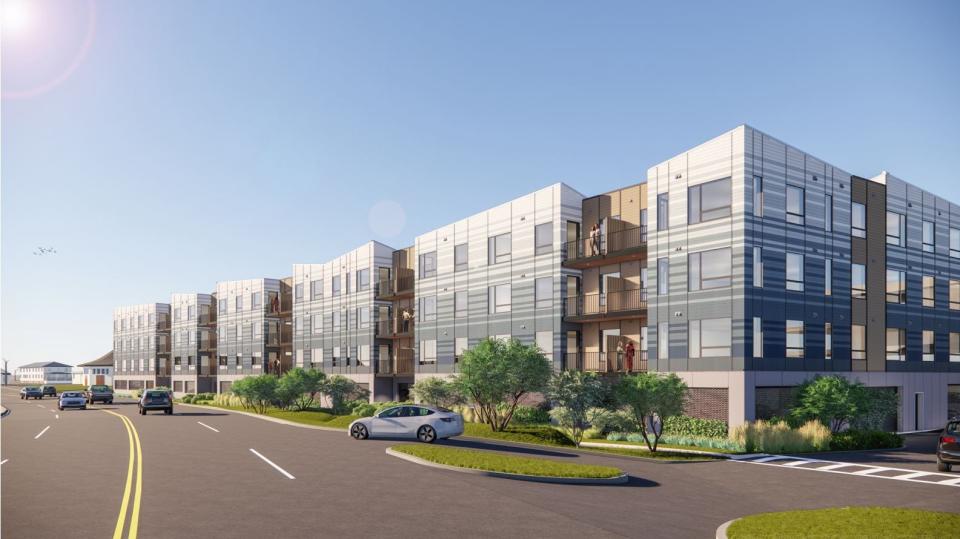 This rendering of Paragon Dunes shows the view north down George Washington Boulevard. The proposal seeks to build 132 apartments and under 7,000 square feet of retail.