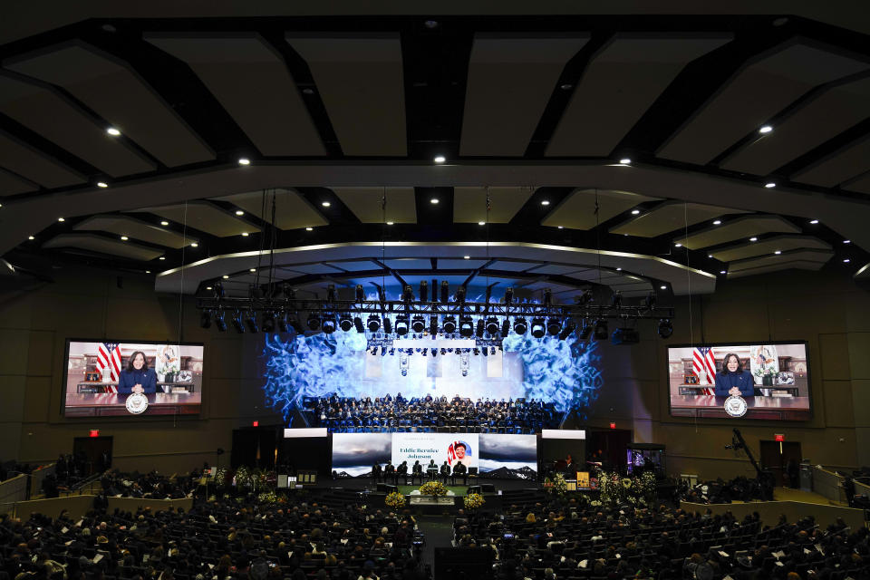 A video message from Vice President Kamala Harris is played during funeral services for former U.S. Rep. Eddie Bernice Johnson at Concord Church on Tuesday, Jan. 9, 2024, in Dallas. (Smiley Pool/The Dallas Morning News via AP, Pool)