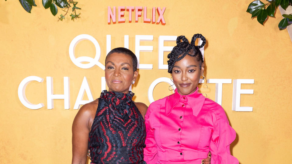 Adjoa Andoh and Arsema Thomas attend a "Queen Charlotte: A Bridgerton Story" press event at Claridges on February 14, 2023 in London, England.