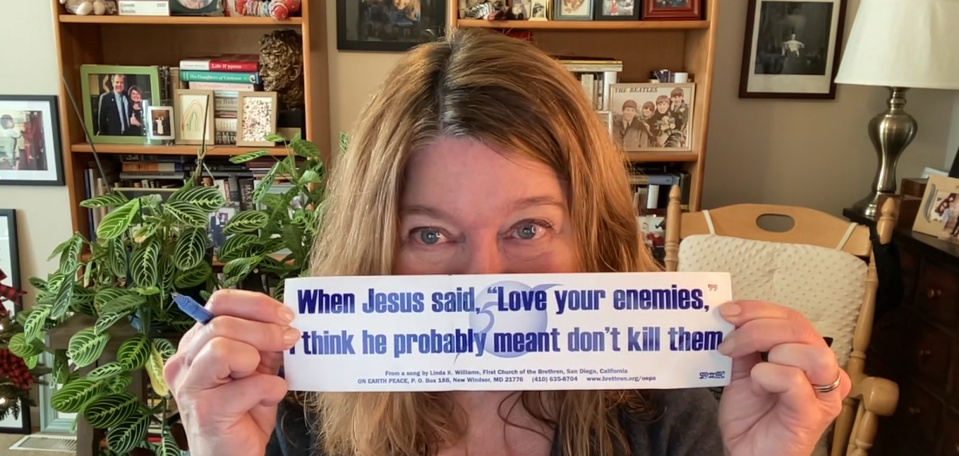 The message on one of columnist Connie Schultz's favorite bumper stickers reminds her to temper outrage with the teachings of Christ.