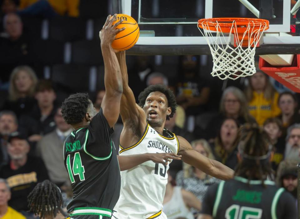 Wichita State’s Quincy Ballard blocks the shot of North Texas’ Moulaye Sissoko during the first half of their game at Koch Arena on Thursday night. 