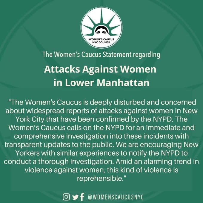 The City Council’s Women’s Caucus posted a message calling on the NYPD to investigate several incidents of women being randomly punched in New York City.