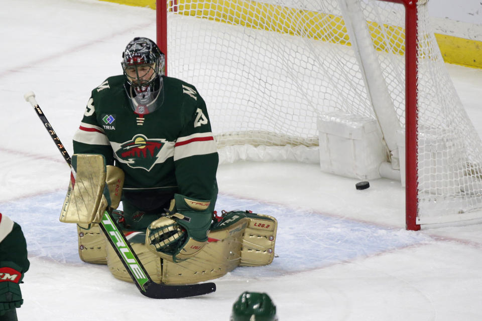 Minnesota Wild goaltender Marc-Andre Fleury reacts after giving up a goal to the Vegas Golden Knights during the first period of an NHL hockey game Thursday, Feb. 9, 2023, in St. Paul, Minn. (AP Photo/Andy Clayton-King)