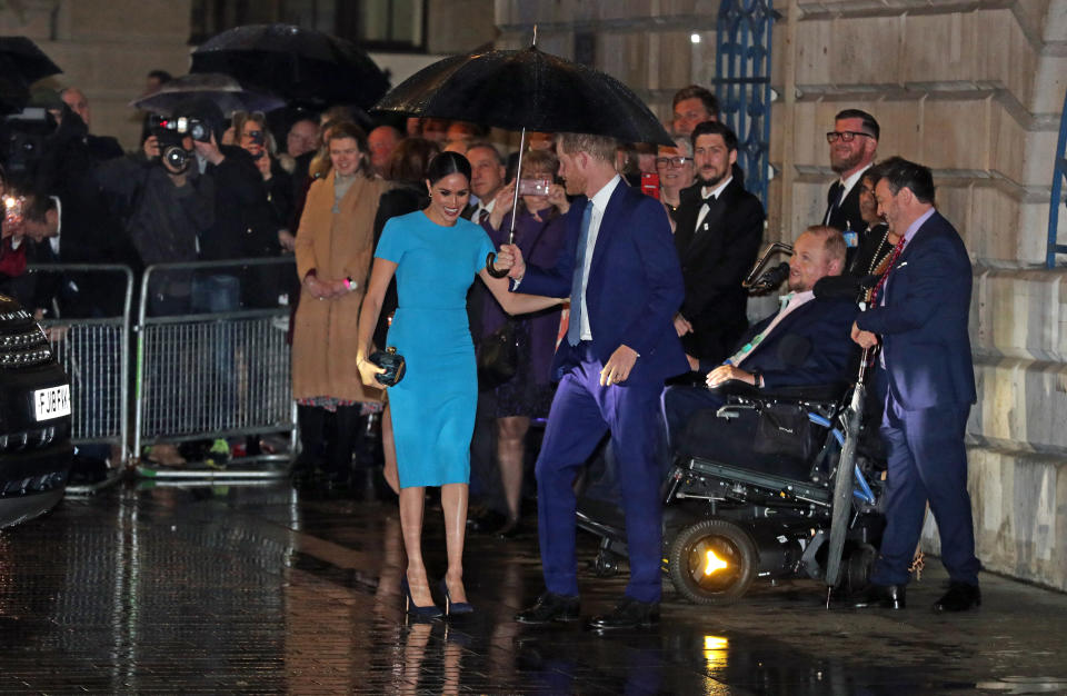 The Duke and Duchess of Sussex arrive at Mansion House in London to attend the Endeavour Fund Awards. (Photo by Steve Parsons/PA Images via Getty Images)