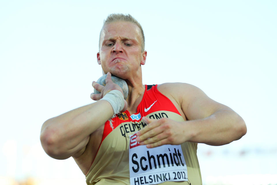 HELSINKI, FINLAND - JUNE 29: Marco Schmidt of Germany competes in the Men's Shot Put Final during day three of the 21st European Athletics Championships at the Olympic Stadium on June 29, 2012 in Helsinki, Finland. (Photo by Ian Walton/Getty Images)