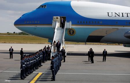 U.S. President Donald Trump and First Lady Melania Trump arrive aboard Air Force One, for their first official visit to Britain, at Stansted Airport, Britain, July 12, 2018. REUTERS/Henry Nicholls